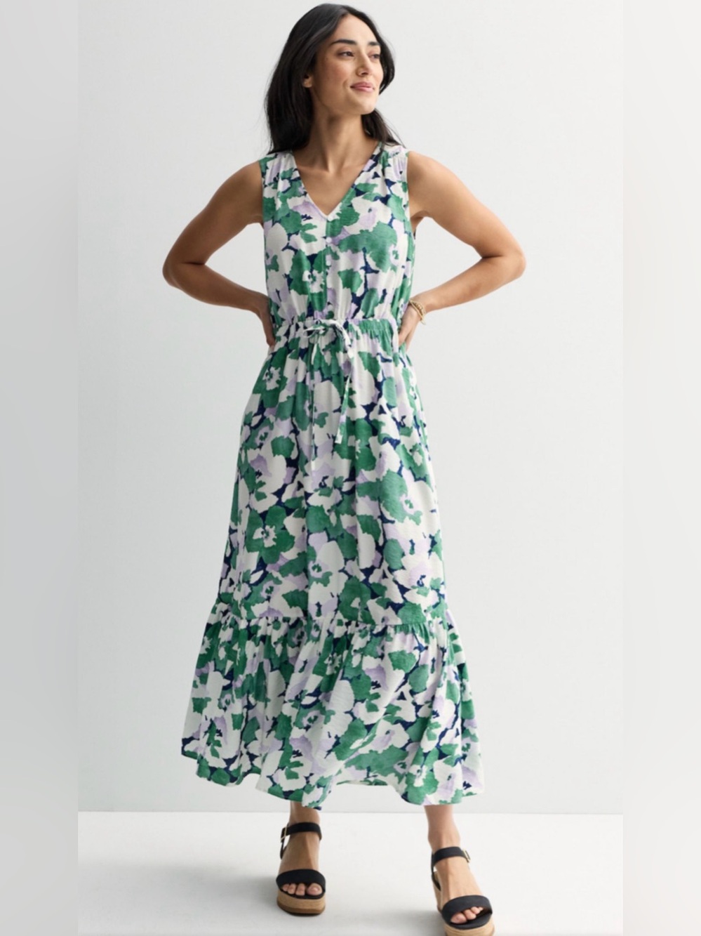 Sonoma Green and White Floral Maxi Dress with Tie Waist - Picture 1 of 8